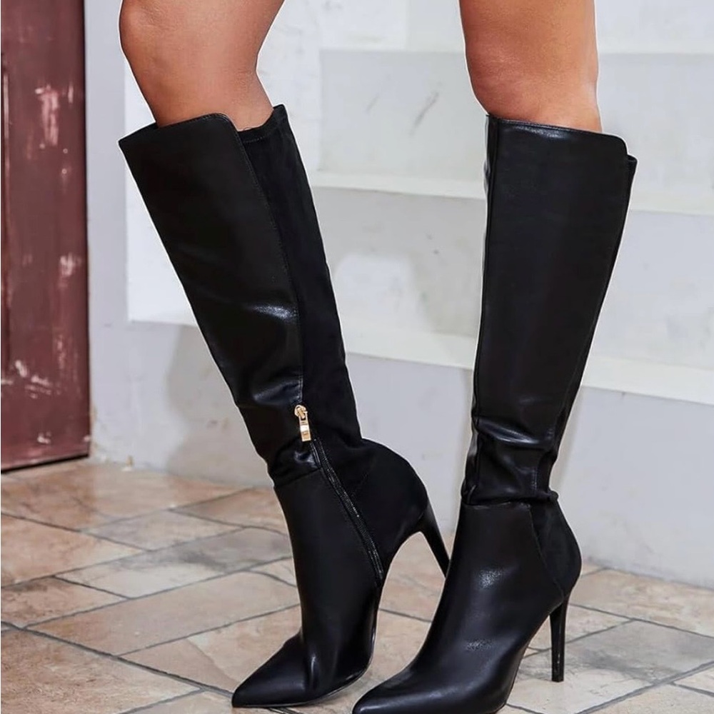 Black Knee-High 4”Heel Boots Sz 5.5 Inside Zipper Closure Patent Leather Suede